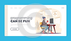 Software Development, Programming Landing Page Template. Woman Programmer Make Site or Web Interface Project