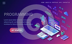 Software development, programming language, coding. 3d isometric laptop, computer with digital application isolated on white