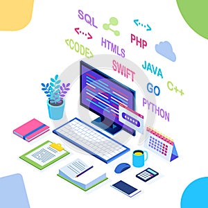 Software development, programming language, coding. 3d isometric laptop, computer with digital application isolated on white