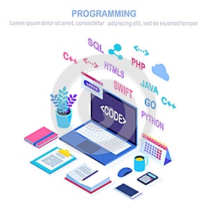 Software development, programming language, coding. 3d isometric laptop, computer with digital application isolated on white