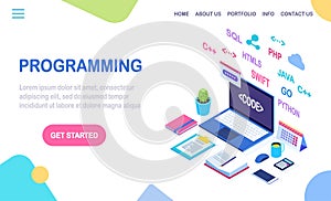 Software development, programming language, coding. 3d isometric laptop, computer with digital application isolated on white