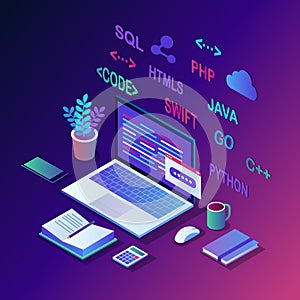 Software development, programming language, coding. 3d isometric laptop, computer with digital application isolated on white