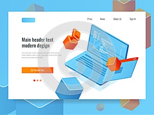 Software development, programming, laptop with code and screen, program refactor isometric vector