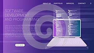 Software development and programming, program code on laptop screen, big data processing, computing
