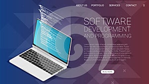 Software development and programming, program code on laptop screen, big data processing, computing