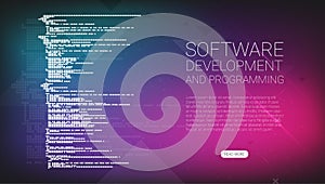 Software development and programming, program code on laptop screen, big data processing, computing