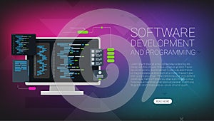 Software development and programming, program code on laptop screen, big data processing, computing