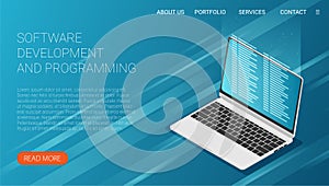 Software development and programming, program code on laptop screen, big data processing, computing isometric