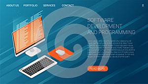 Software development and programming, program code on laptop screen, big data processing, computing isometric