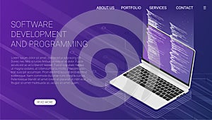 Software development and programming, program code on laptop screen, big data processing, computing isometric