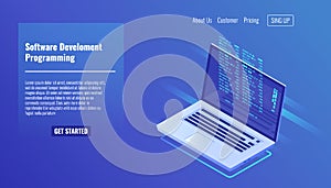 Software development and programming, program code on laptop screen, big data processing, computing isometric 3d
