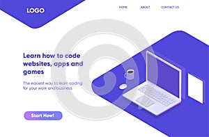 Software development and programming, program code on laptop screen, big data processing, computing isometric