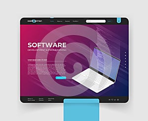 Software development and programming, program code on laptop screen, big data processing, computing isometric