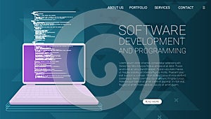 Software development and programming, program code on laptop screen, big data processing, computing