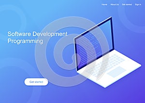 Software development and programming, program code on laptop screen, big data processing. Modern vector illustration