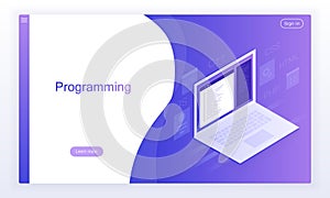 Software development and programming, program code on laptop screen, big data processing. Modern vector illustration