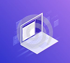 Software development and programming, program code on laptop screen, big data processing. Modern vector illustration