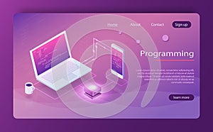 Software development and programming, program code on laptop screen, big data processing