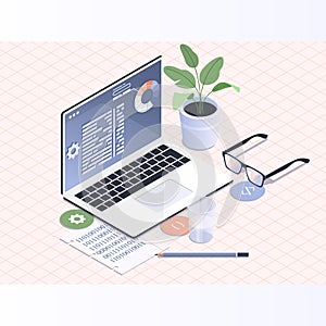 Software development and programming.Programmer coding binary computer isometric vector flat illustration