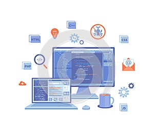 Software Development and Programming. Statistics, app development, data analysis. Program code on laptop and monitor screen.