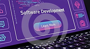 Software Development Screen Display with Code and Learn More Button coding programming