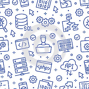 Software development seamless pattern with flat line icons. Programming language background, application, api, computer