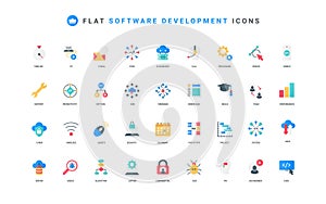 Software development, team work on digital project and code, productivity color icon set