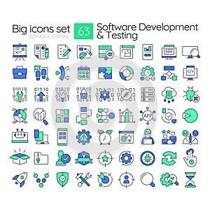 Software development and testing line color icons set