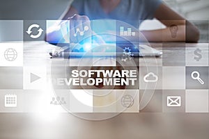 Software development on virtual screen. Applications for business. Programming.