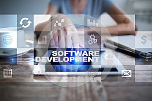 Software development on virtual screen. Applications for business. Programming.