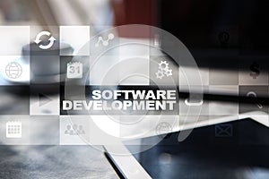 Software development on virtual screen. Applications for business. Programming.