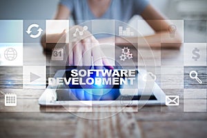 Software development on virtual screen. Applications for business. Programming.