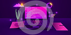Software development, web coding on laptop. Programming concept. Website design, coding. Remote work in home.