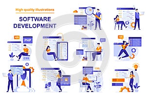 Software development web concept with people scenes set in flat style. Bundle of backend development, programming, working with
