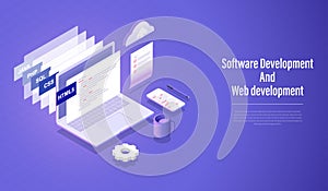 Software development and Web development isometric concept, programming language coding Vector