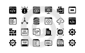 Software development and web programming solid icons collection flat design