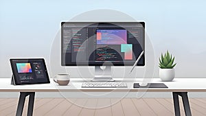 Software Development Workspace Coding, Tablet, and Desk Setup