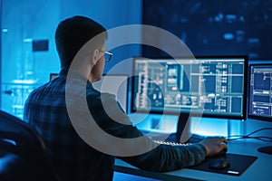 Software develper man wearing glasses working coding Write a program develope AI application on laptop at home office