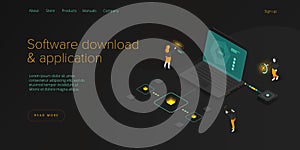 Software download and application isometric vector illustration. Programmers and engeneers working on web app development, coding