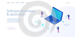 Software download and application isometric vector illustration. Programmers and engeneers working on web app development, coding