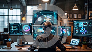 Software engineer analyzing code and data on multiple computer screens in modern office