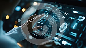 Software engineer browsing data on futuristic transparent touchscreen display