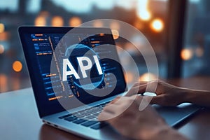 Software Engineer Coding on Laptop, Engaging with API for Digital Innovation and Development
