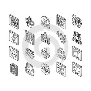 software engineer computer code isometric icons set vector