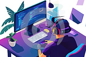Software engineer creating new software from home using a computer and keyboard