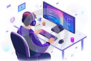 Software engineer creating new software from home using a computer and keyboard