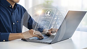 Software engineer developing user interface on laptop computer, concept of software development, programming, and technology