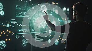 Software engineer touching futuristic touchscreen interface with graphs and data visualizations