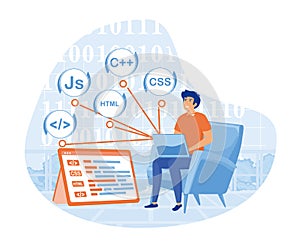 Software engineer sit in chair working on laptop use programming language code with flat cartoon style.