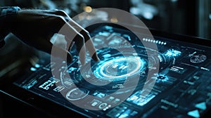Software engineer touching futuristic ai control panel displaying hologram data